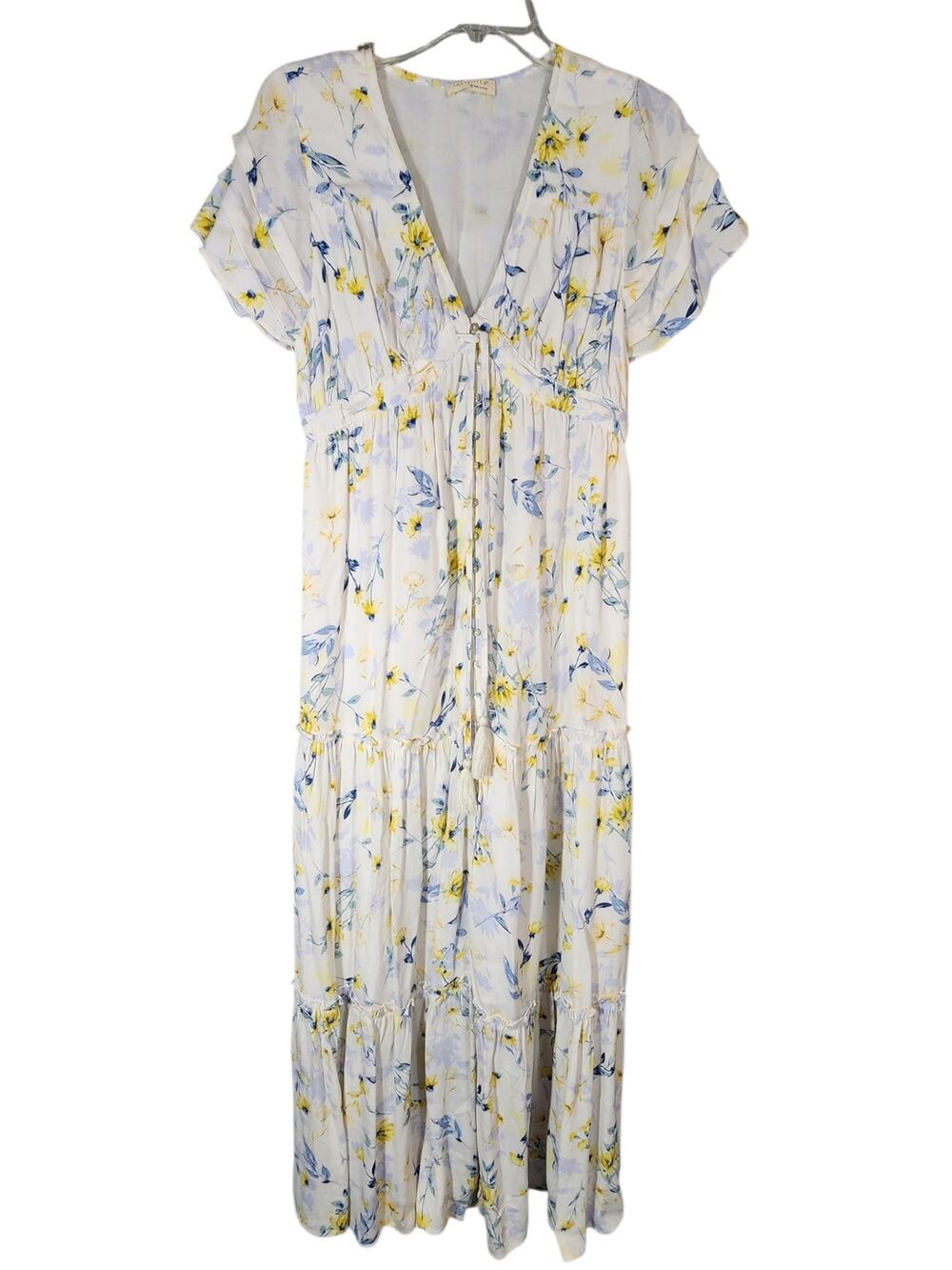 Lovestitch Floral Maxi Dress sz Small White Yellow Boho Tiered V-Neck Tassel
